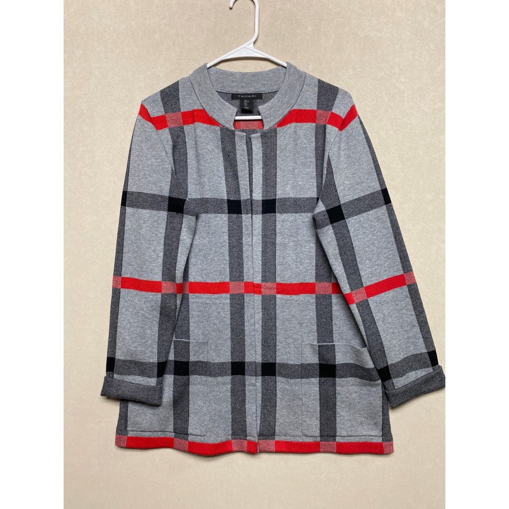 Tahari Womens Plaid Open Front Cardigan Grey Red Black Mock Neck Pockets Large